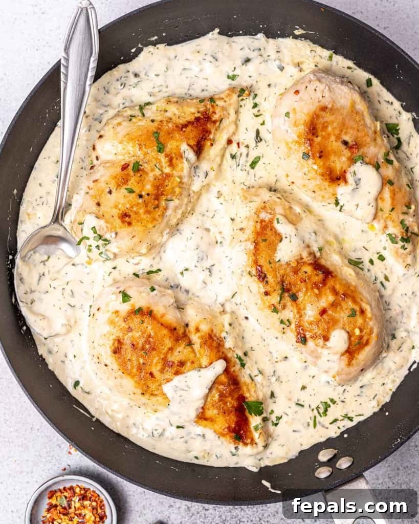 Velvety Ranch Chicken Delight 13 A spoon scooping creamy ranch sauce over a cooked chicken breast in a skillet.