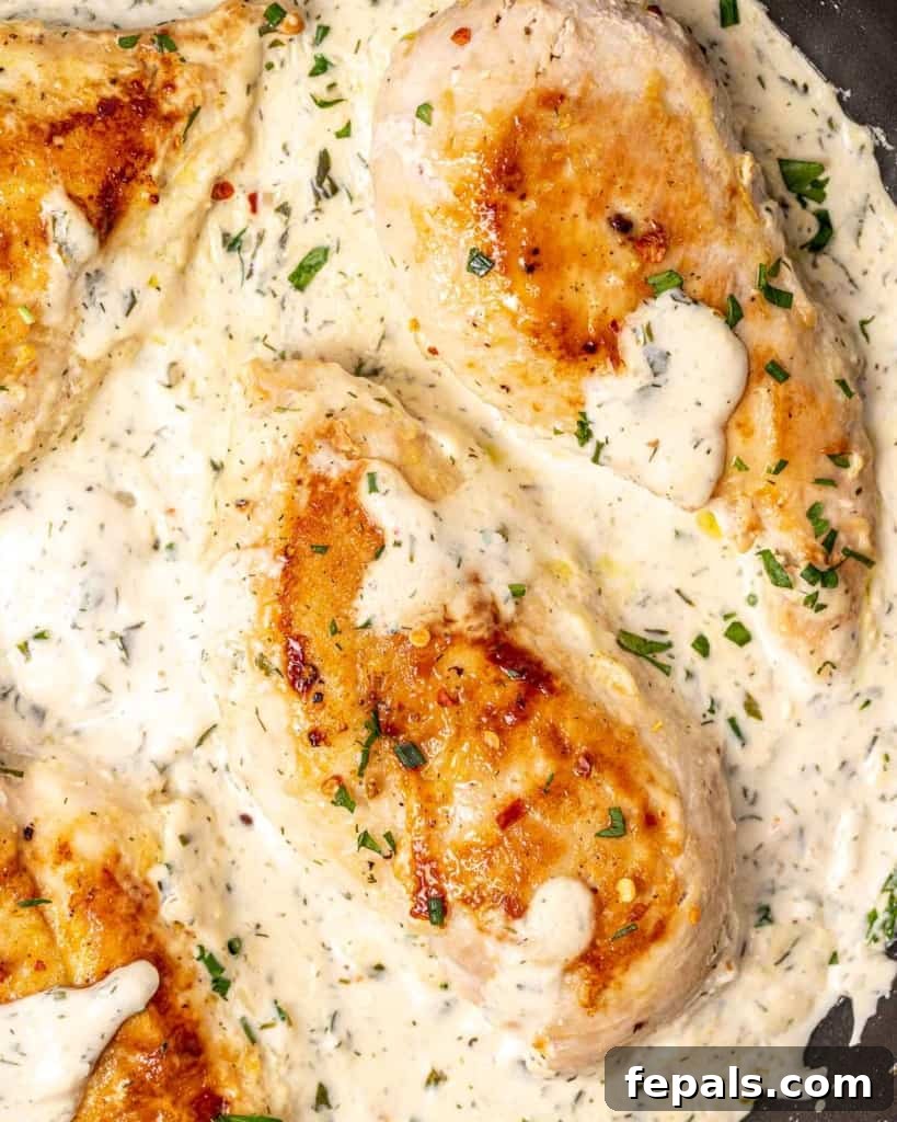 Velvety Ranch Chicken Delight 3 Close-up of chicken breasts simmering in a rich, creamy ranch sauce within a skillet, ready to serve.