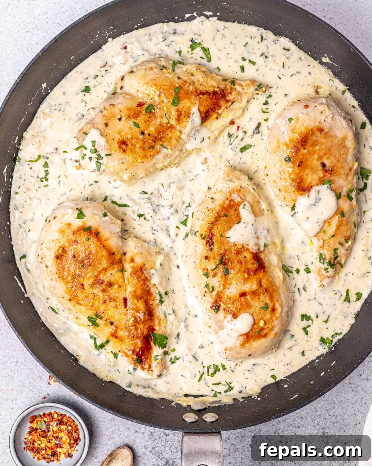 Velvety Ranch Chicken Delight 7 Four golden-brown chicken breasts are nestled in a bubbling creamy white ranch sauce in a skillet, nearly ready to serve.