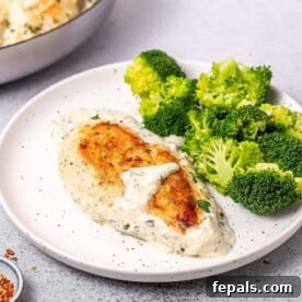 Velvety Ranch Chicken Delight 8 side shot of chicken breast in a creamy ranch sauce with sauteed broccoli side