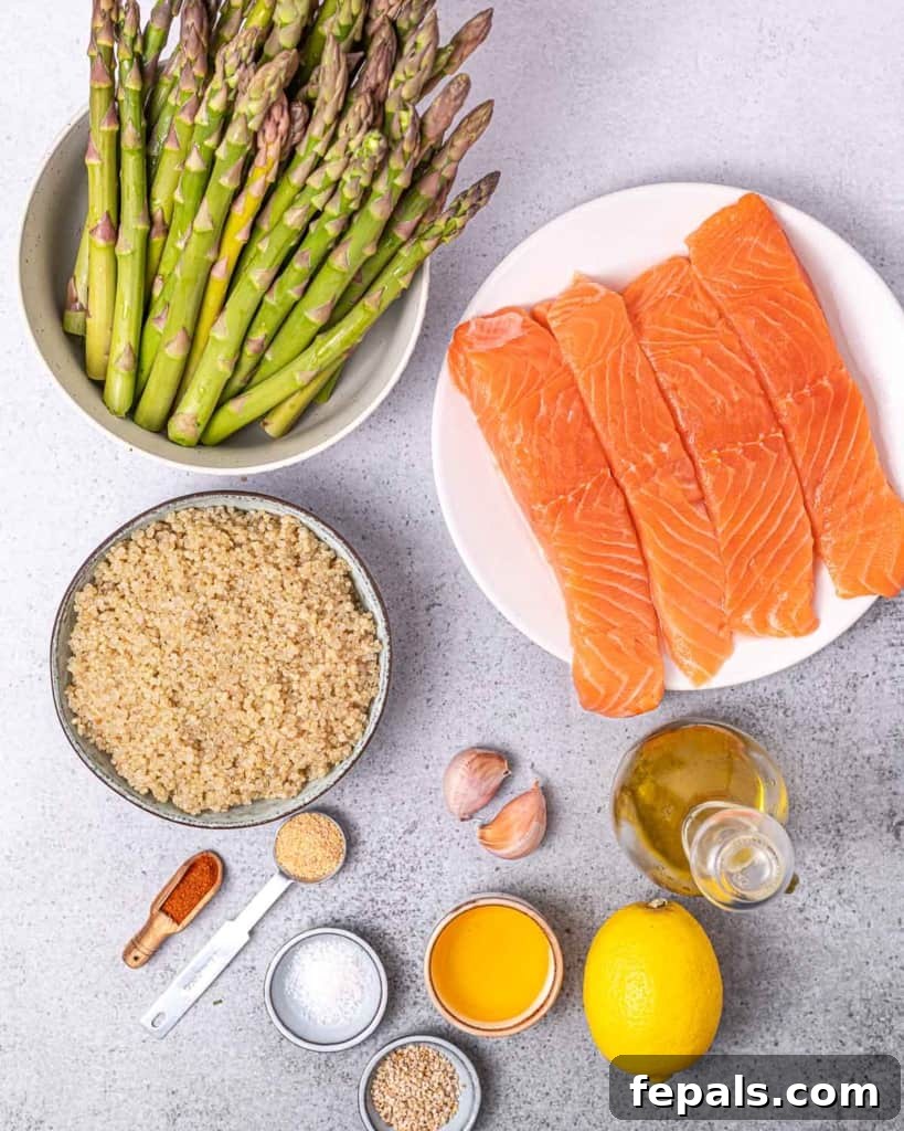 Ingredients for making honey salmon bowls divided into small portions.
