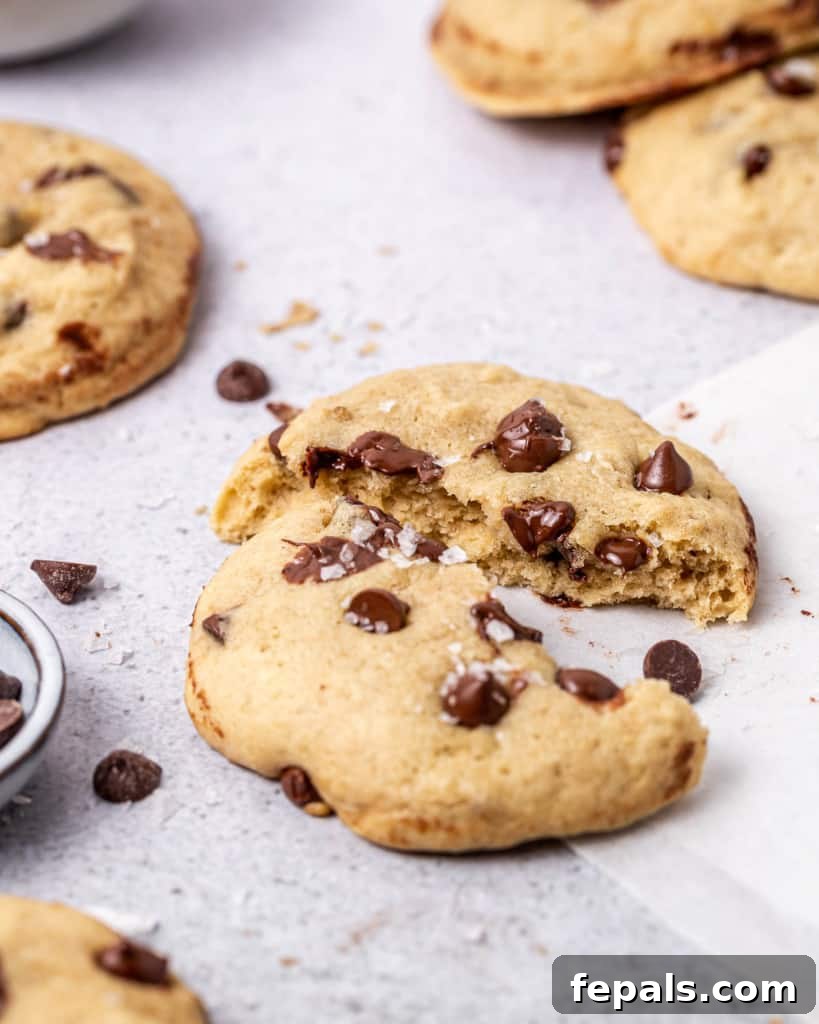 A top-down view of a baked vegan chocolate chip cookie, split cleanly in half on a flat surface, prominently displaying its enticing, gooey chocolate center.