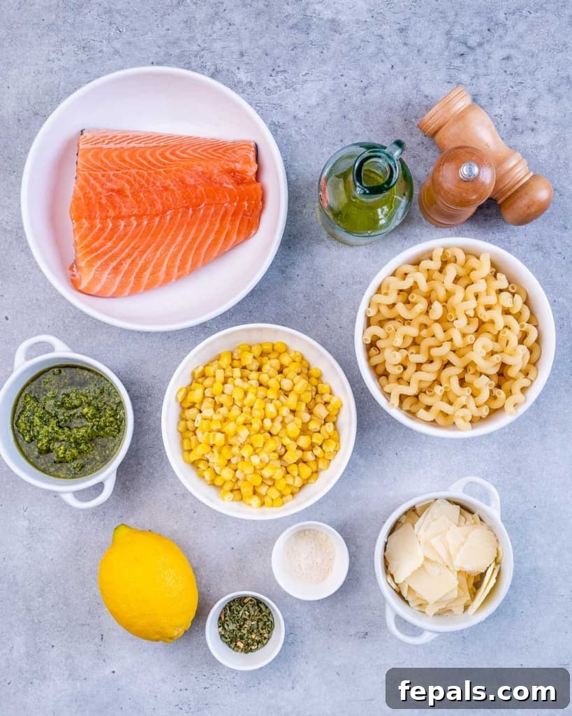 Savory Salmon Pesto Pasta 4 Salmon, pasta, pesto and lemon divided into small portions.