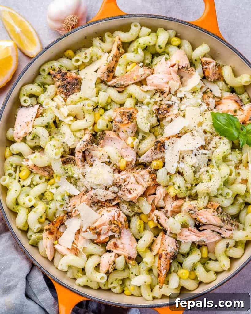 Savory Salmon Pesto Pasta 9 top view pasta with salmon