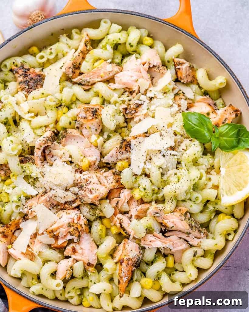 Savory Salmon Pesto Pasta 10 Salmon pesto pasta in a large skillet.