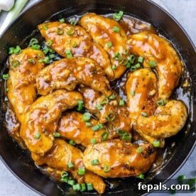 top view chicken tenders in a honey garlic sauce
