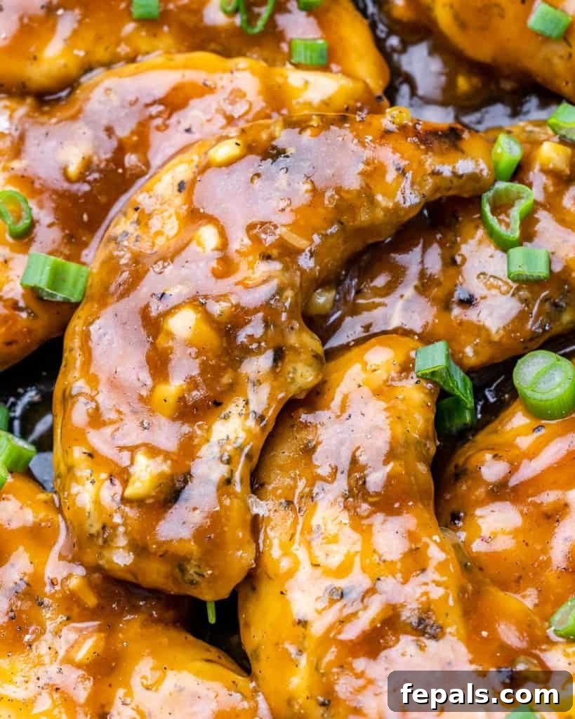 Honey garlic chicken tenderloin recipe topped with green onions.