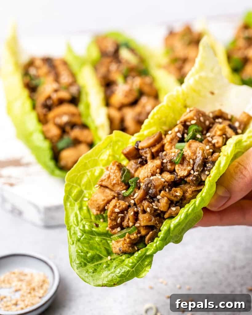 Hand holding a lettuce leaf filled with a chicken and sauce mixture, ready to eat.