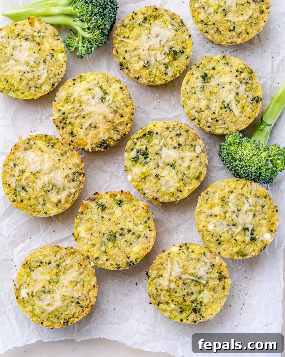 Cheesy Broccoli Quinoa Nuggets 13 Overhead view of freshly baked broccoli cheddar quinoa bites arranged neatly on parchment paper.