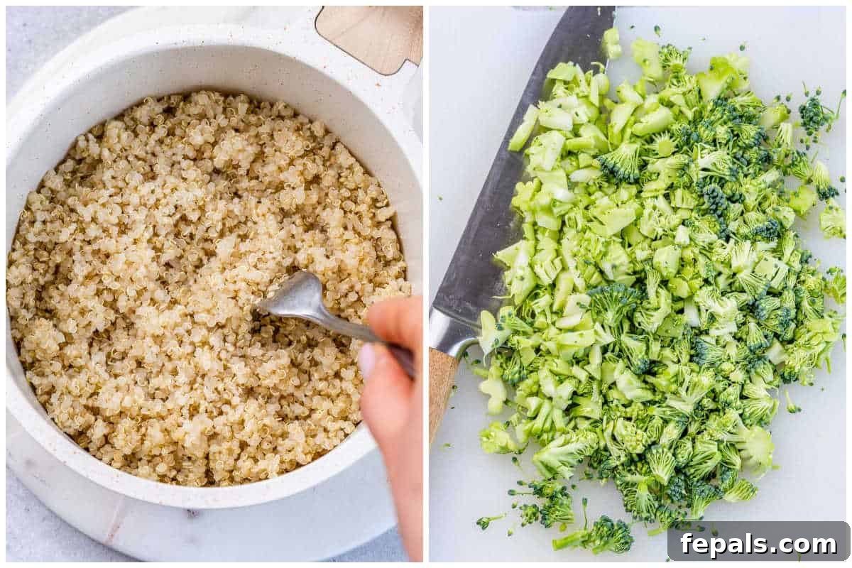 Cheesy Broccoli Quinoa Nuggets 4 process shot to cook the quinoa and chopping the broccoli.