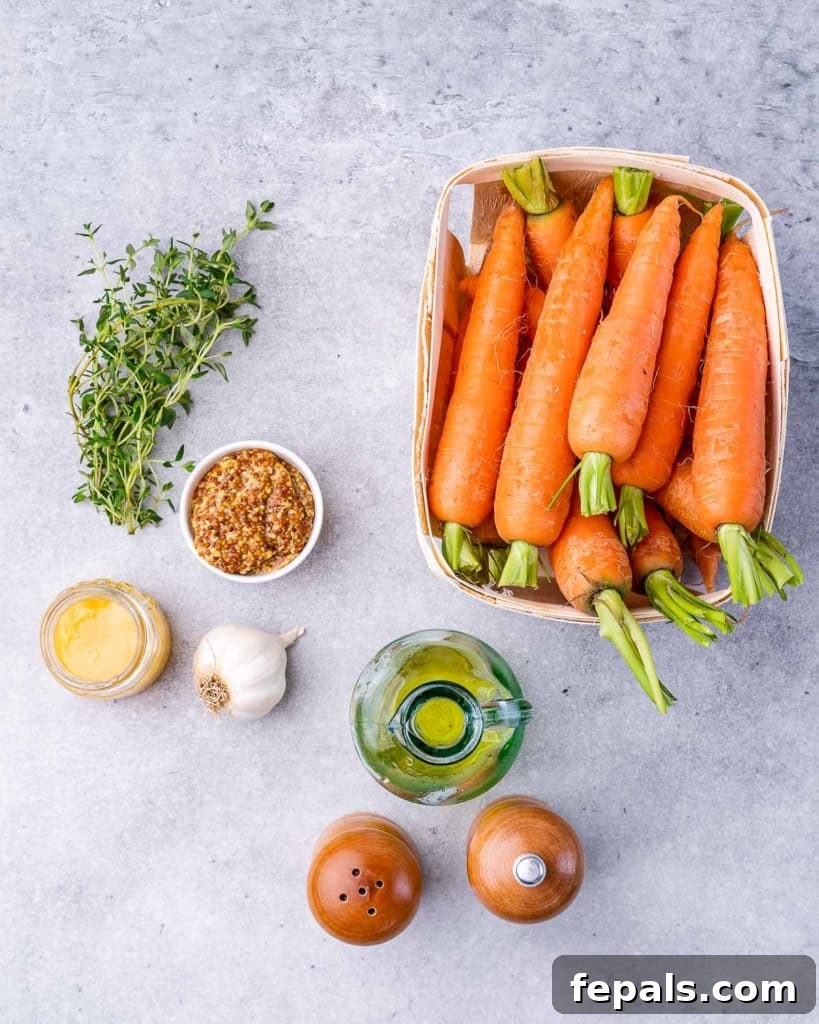 Golden Honey Mustard Carrots 4 Uncooked carrots, olive oil, honey and mustard divided into bowls, showcasing fresh ingredients for the recipe.