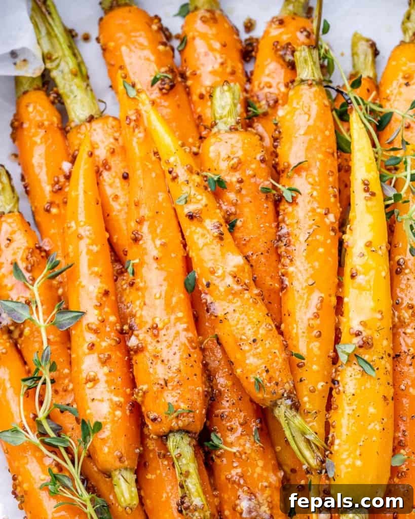 Golden Honey Mustard Carrots 8 Roasted honey mustard carrots garnished with fresh thyme on a serving platter.