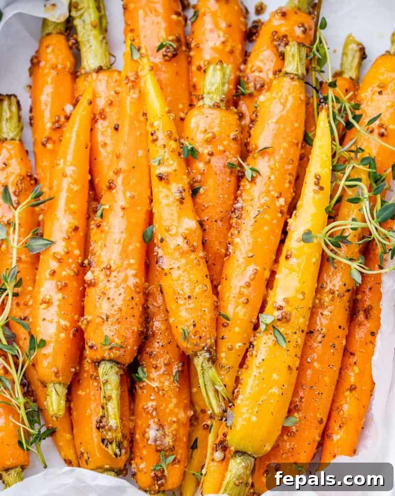 Golden Honey Mustard Carrots 10 Honey Mustard Carrots garnished with sprigs of fresh thyme on a white platter.