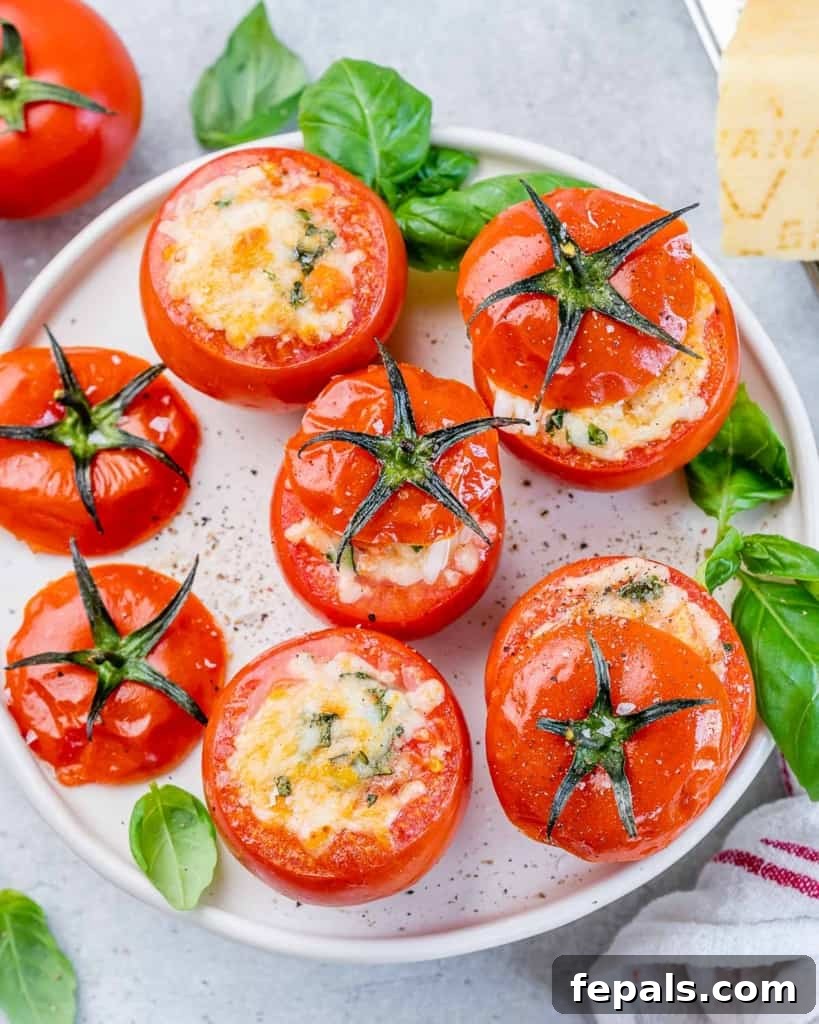 Top view baked tomatoes stuffed with cheese on a white plate, garnished with basil.