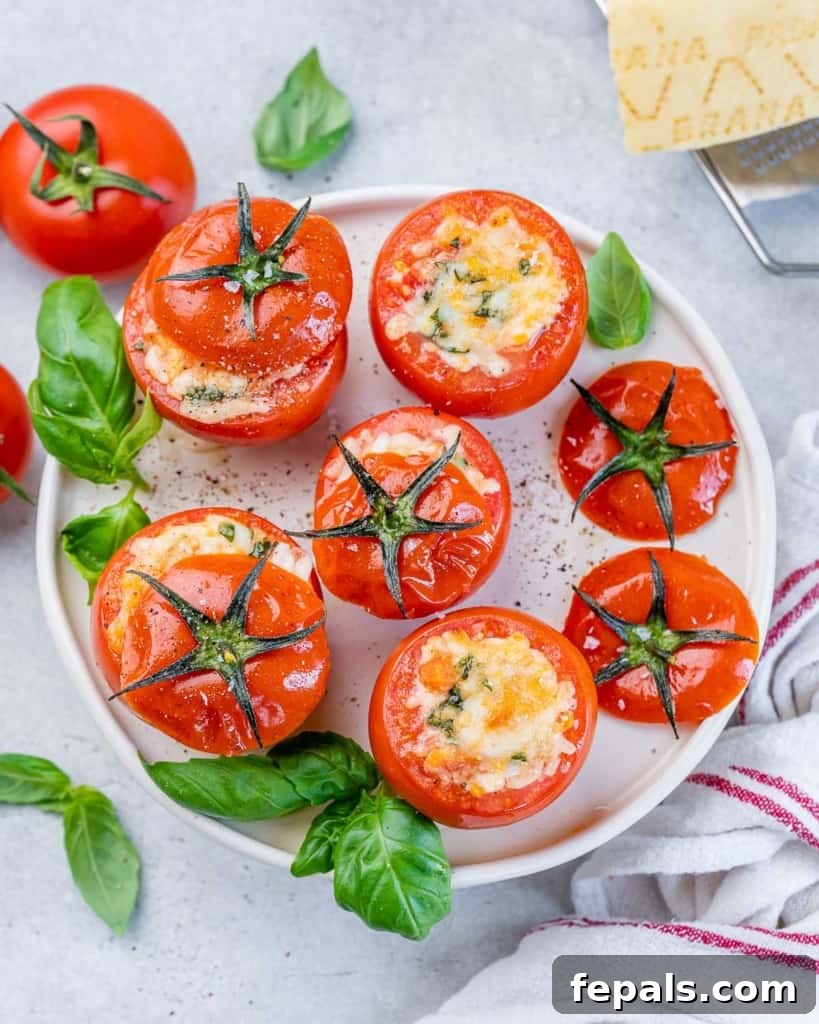 Top view of 8 baked stuffed tomatoes on a white plate, garnished with fresh basil.