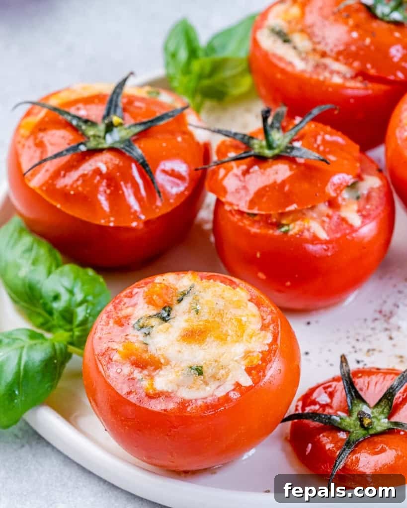 Two tomatoes stuffed with cheese and baked, placed on a white plate with a fork.
