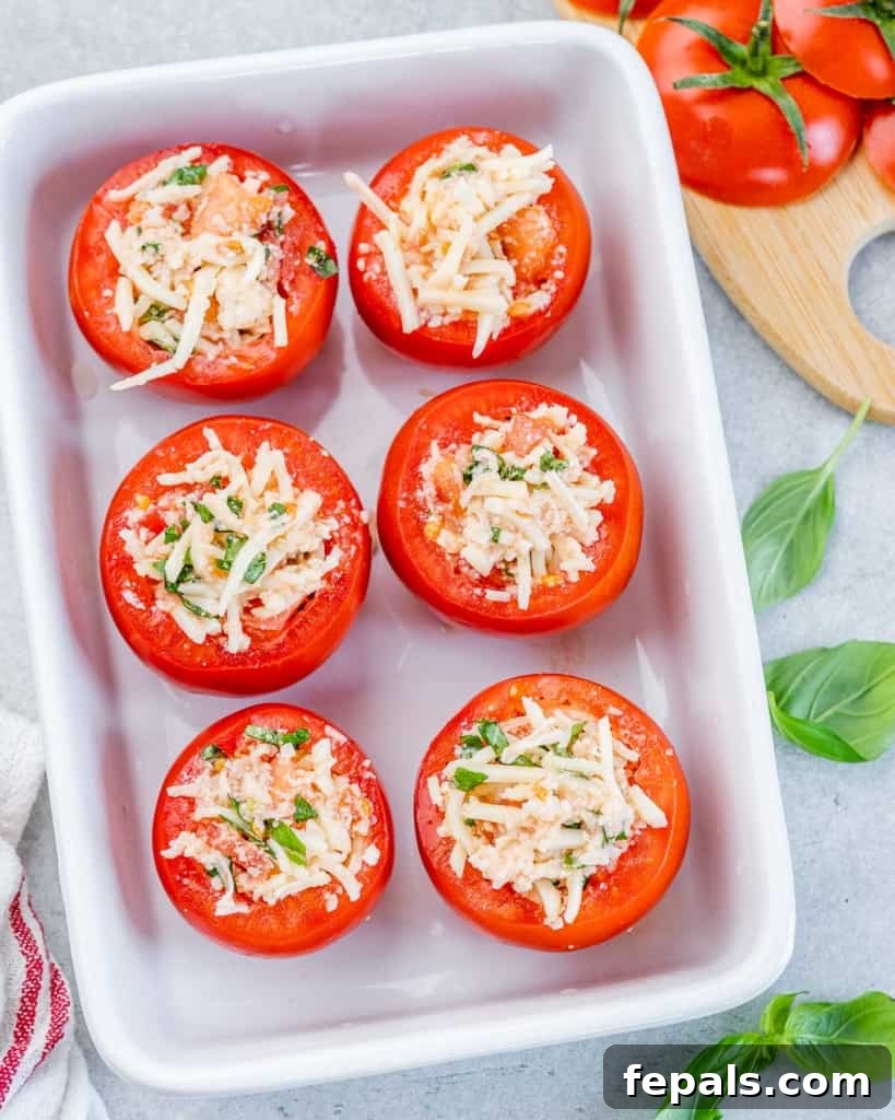 Tomatoes neatly stuffed with the cheese mixture in a white baking dish, ready for the oven.