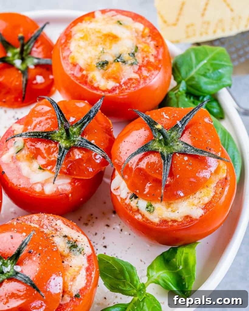 Close-up view of two baked stuffed tomatoes garnished with fresh basil on a white plate.