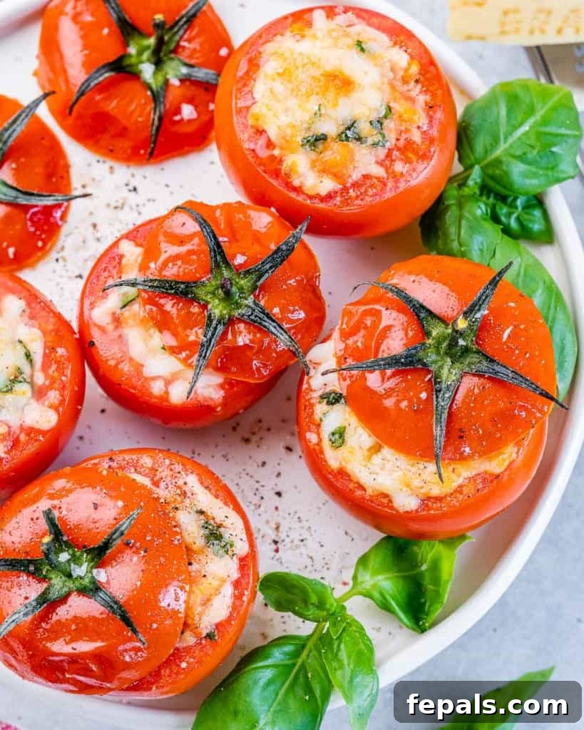 Top view of several baked stuffed tomatoes on a white plate, garnished with basil.