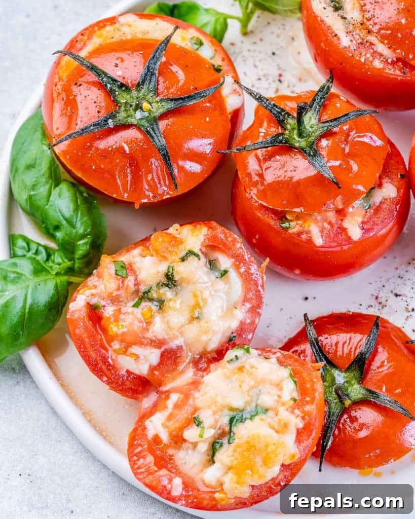 A baked tomato stuffed with cheese, cut open to reveal the melty filling.