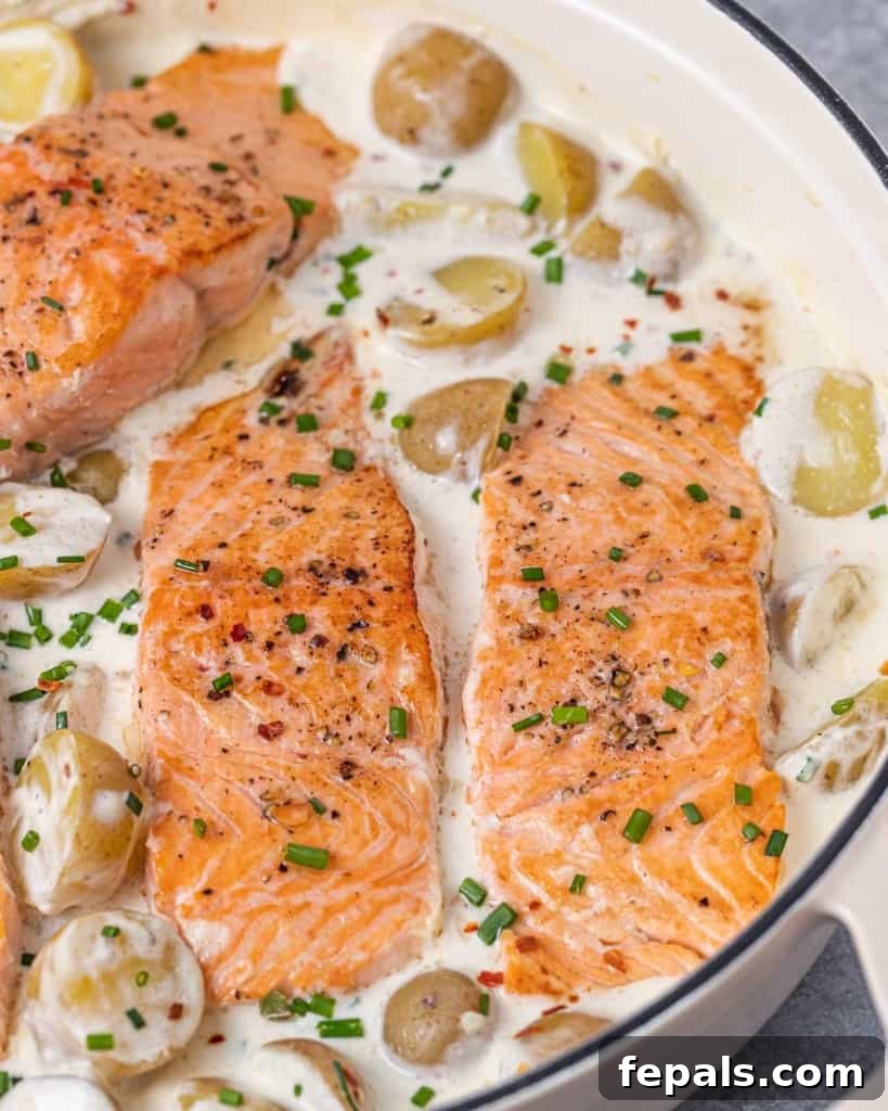 Side shot of a perfectly cooked creamy salmon fillet nestled with potatoes in a pan, ready to be served.