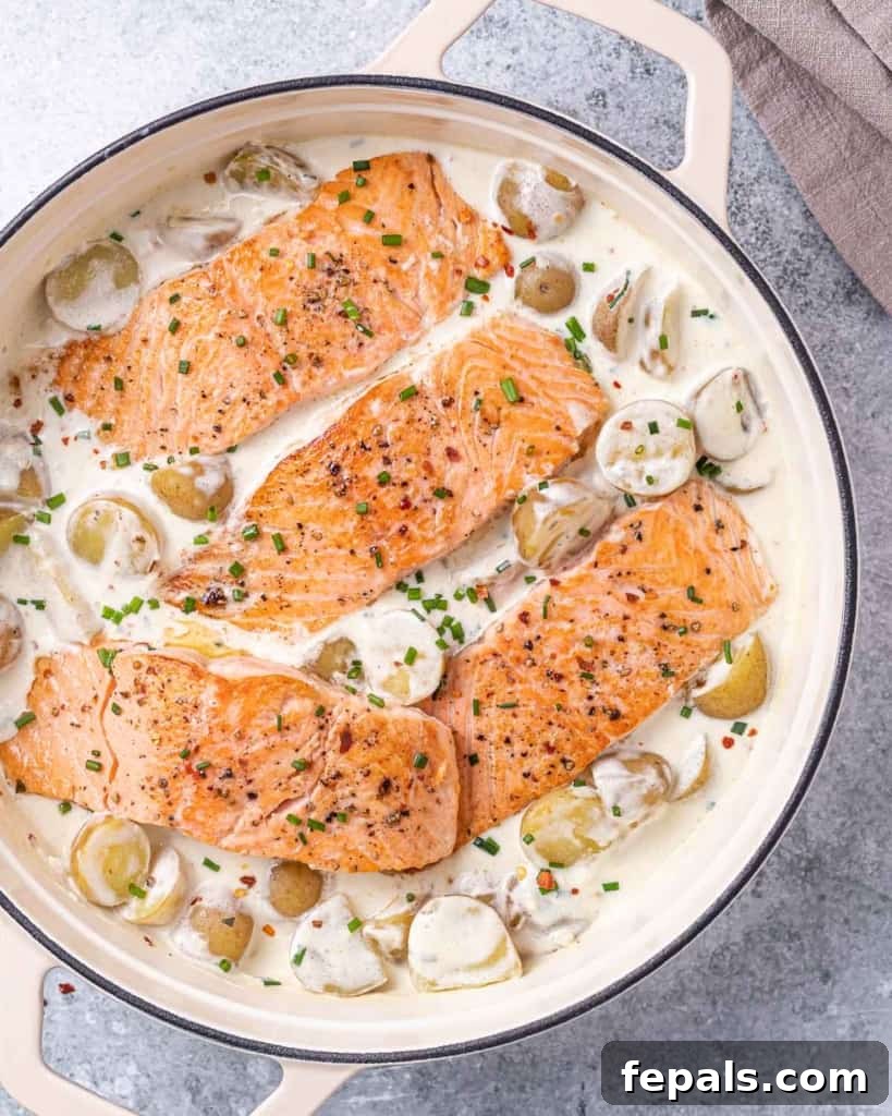 Top down view of the creamy salmon and potato skillet, showcasing the rich sauce and perfectly cooked ingredients ready to be served.