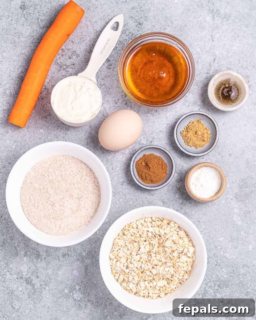 A visual guide showing instant oats, whole wheat flour, an assortment of warm spices, and golden honey divided into separate bowls, ready for baking.