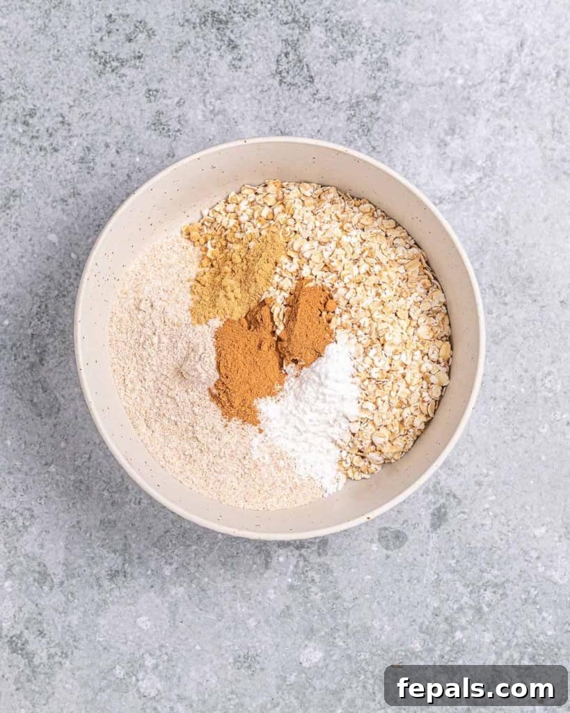 A close-up shot of a whisk combining the dry cookie ingredients like oats, flour, and spices in a large mixing bowl.