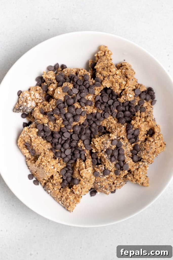 chocolate chips added over the blended oats and date mix