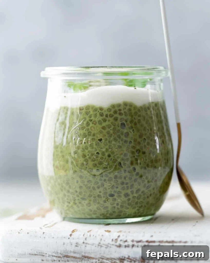 A beautifully presented jar of matcha chia pudding, topped with creamy coconut whip or yogurt, ready to be enjoyed as a refreshing breakfast or healthy snack.