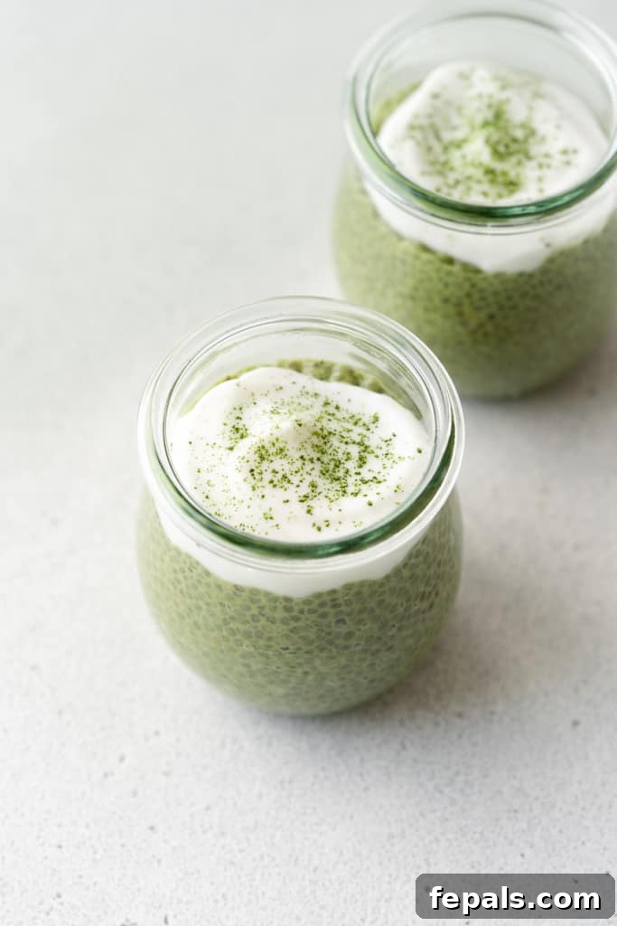 A delicate sprinkle of matcha powder graces the top of the coconut whipped yogurt, adding a final touch of elegance and flavor to the pudding.