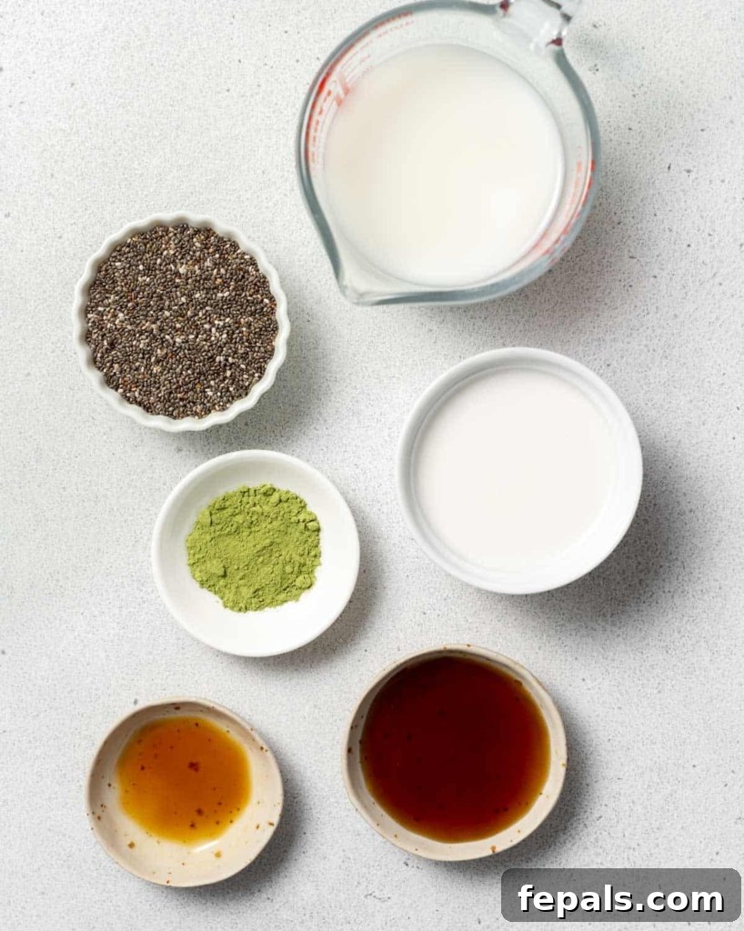 A flat lay photograph showcasing all the fresh and simple ingredients required to prepare a batch of healthy and delicious matcha chia pudding, including chia seeds, matcha powder, various milks, and sweeteners.
