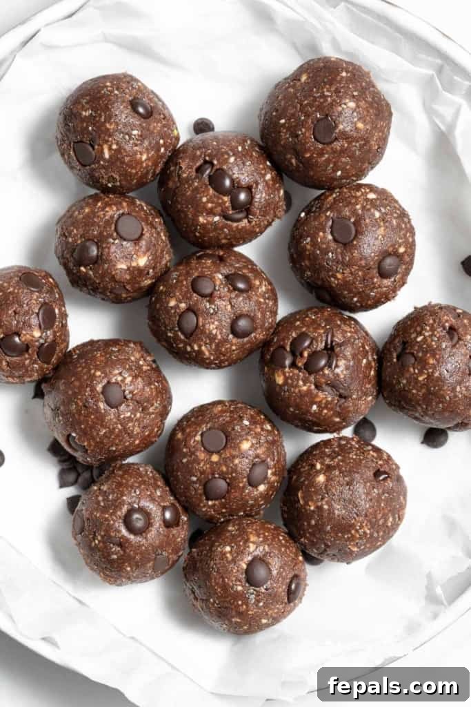 Decadent Double Chocolate Date Energy Bites 2 Top view of delicious chocolate chip energy balls neatly arranged on a white plate, showcasing their rich color and mini chocolate chips.