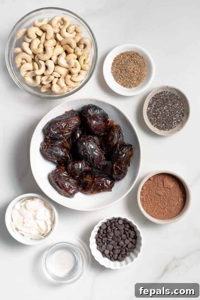 Decadent Double Chocolate Date Energy Bites 4 Individual bowls containing separated ingredients for energy balls: dates, nuts, cocoa powder, and flaxseed.
