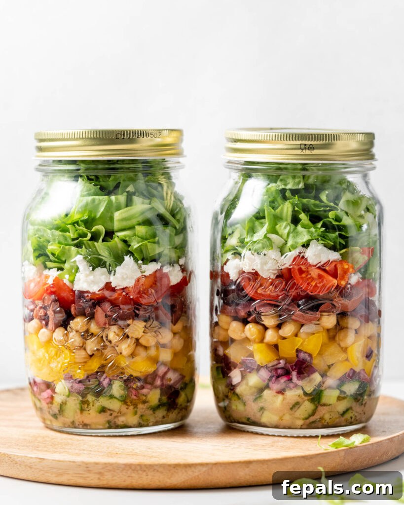 Layered Jar Salads 2 side shot of 2 jars filled with ingredients to make Greek salad