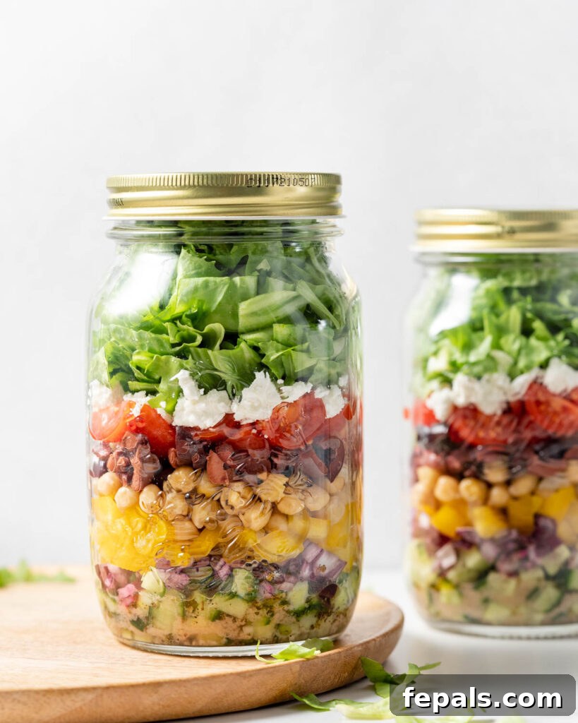 Layered Jar Salads 14 side shot of a salad jar filled with veggies to make Greek salad