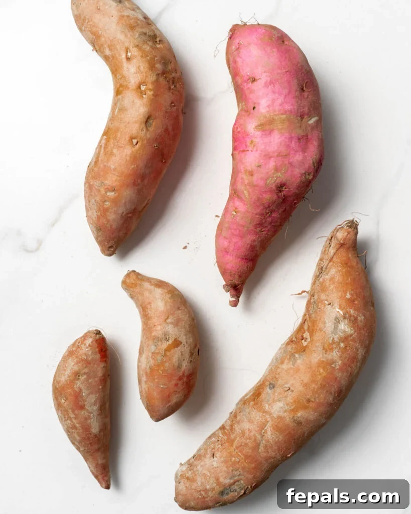 5 different size and color sweet potatoes on a flat surface
