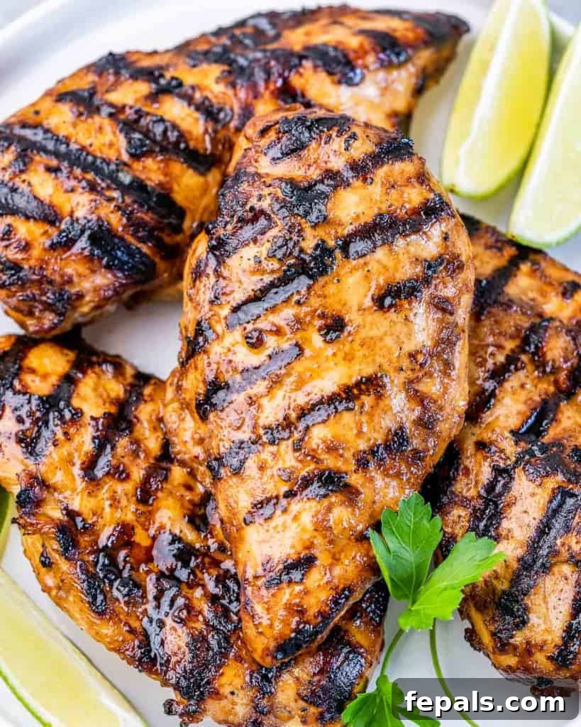 Crispy Honey Chipotle Chicken 3 Grilled chicken with grill marks on a white plate.