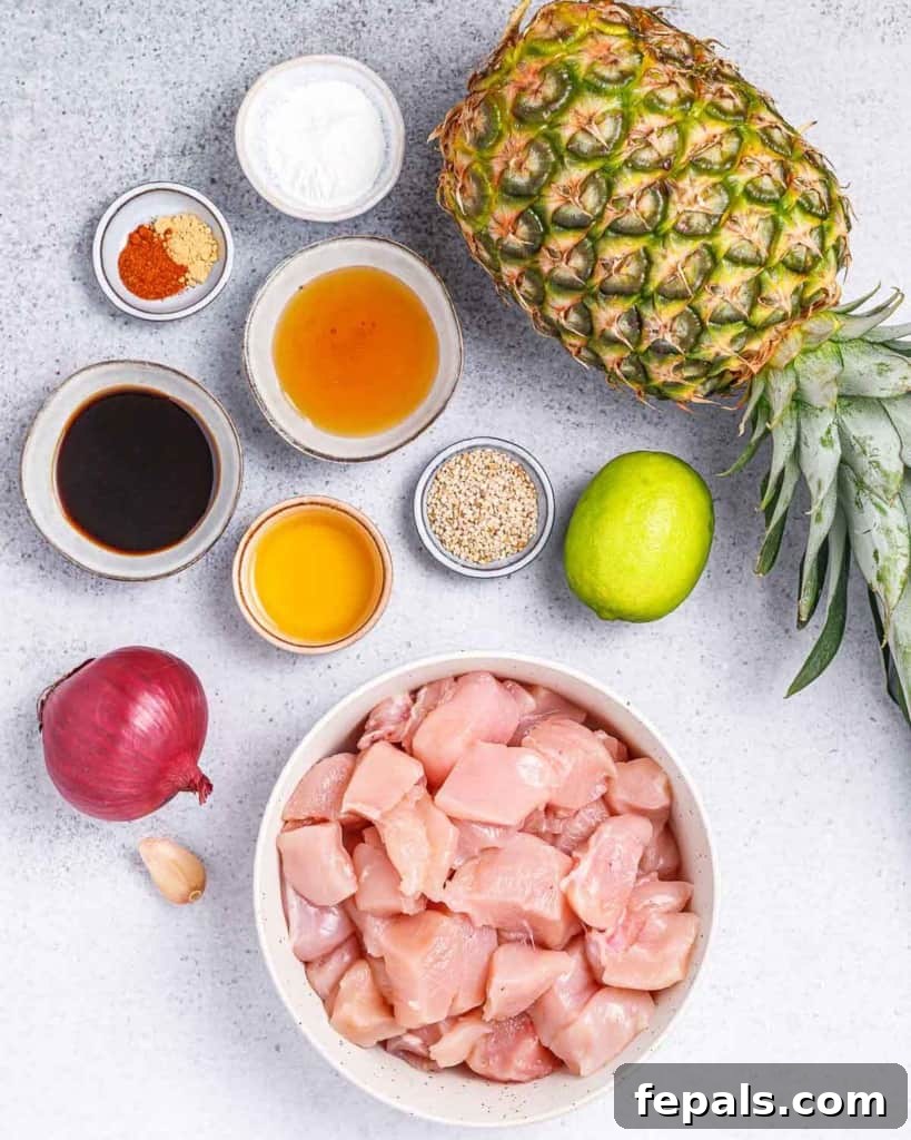 Grilled Umami Chicken Skewers 4 Raw chicken pieces, mixed sauce, assorted seasonings, sliced red onion, and cubed pineapple, neatly divided into preparation portions.