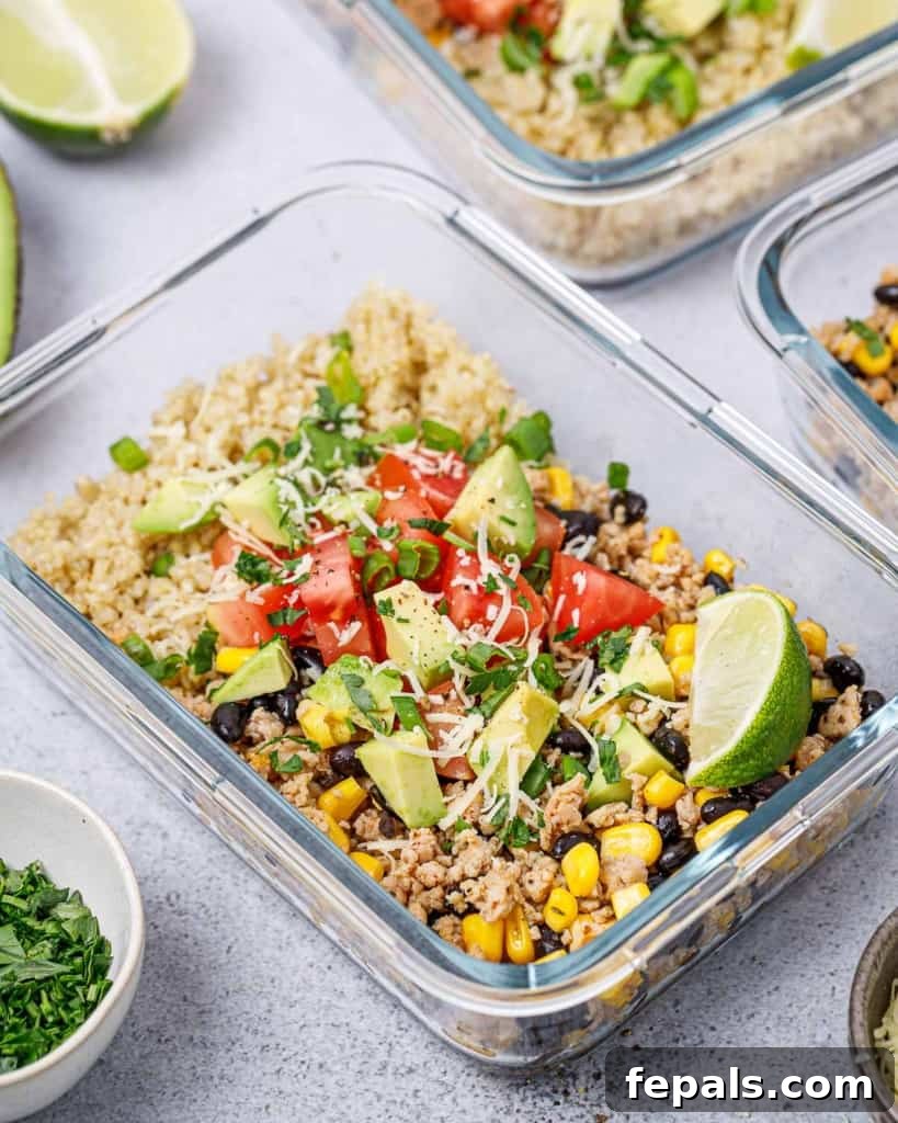 Ready-to-Eat Chicken Taco Bowls 11 side shot meal prep with ground chicken and beans