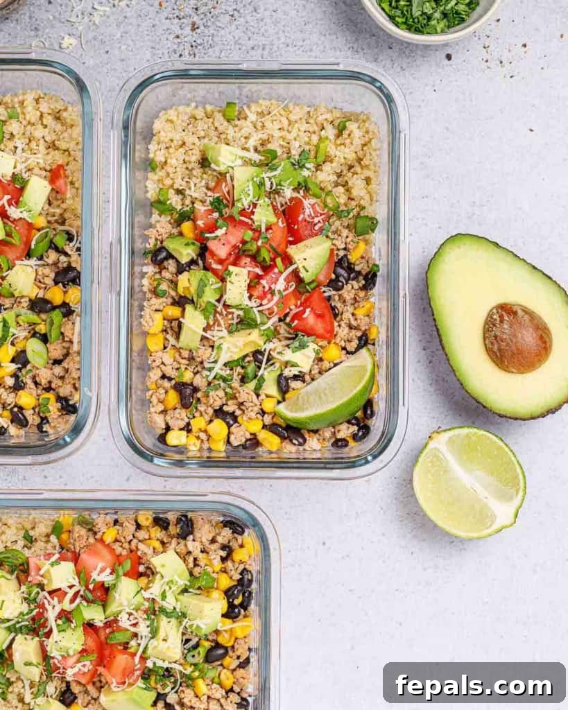 Ready-to-Eat Chicken Taco Bowls 12 top view meal prep bowl in glass with quinoa ground chicken beans and corn