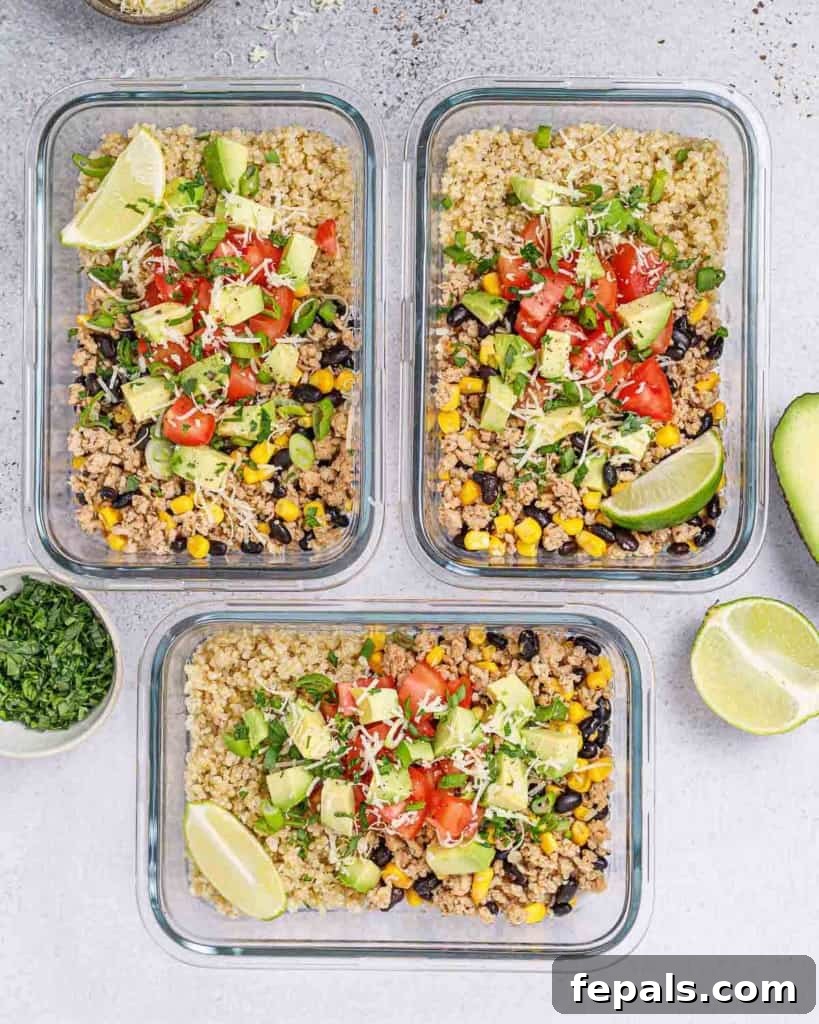 Ready-to-Eat Chicken Taco Bowls 3 3 meal prep bowls of chicken taco with a side of quinoa and corn salsa