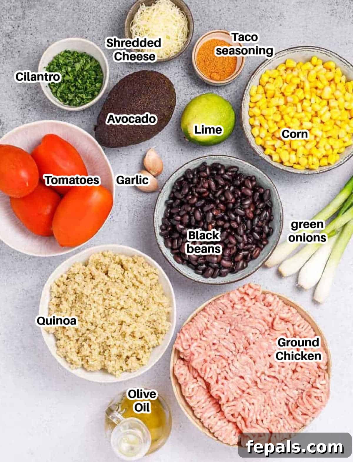 Ready-to-Eat Chicken Taco Bowls 4 taco chicken meal prep ingredients laid out.