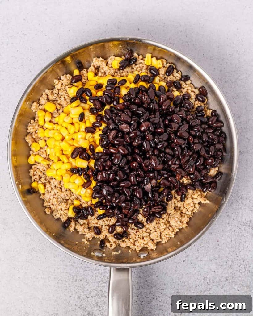 Ready-to-Eat Chicken Taco Bowls 7 beans and corn added over the sauteed ground chicken
