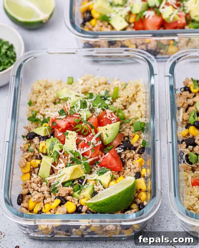 Ready-to-Eat Chicken Taco Bowls 8 side shot of meal prep bowls with ground chicken and quinoa