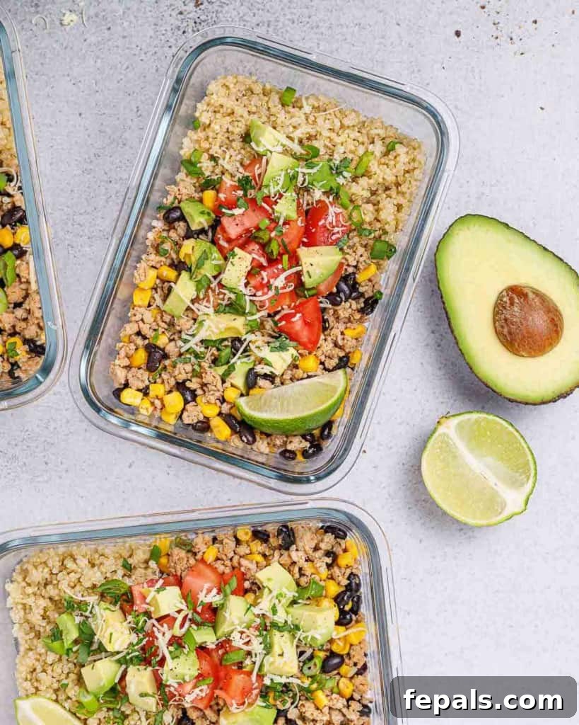 Ready-to-Eat Chicken Taco Bowls 9 top view of chicken meal prep bowl