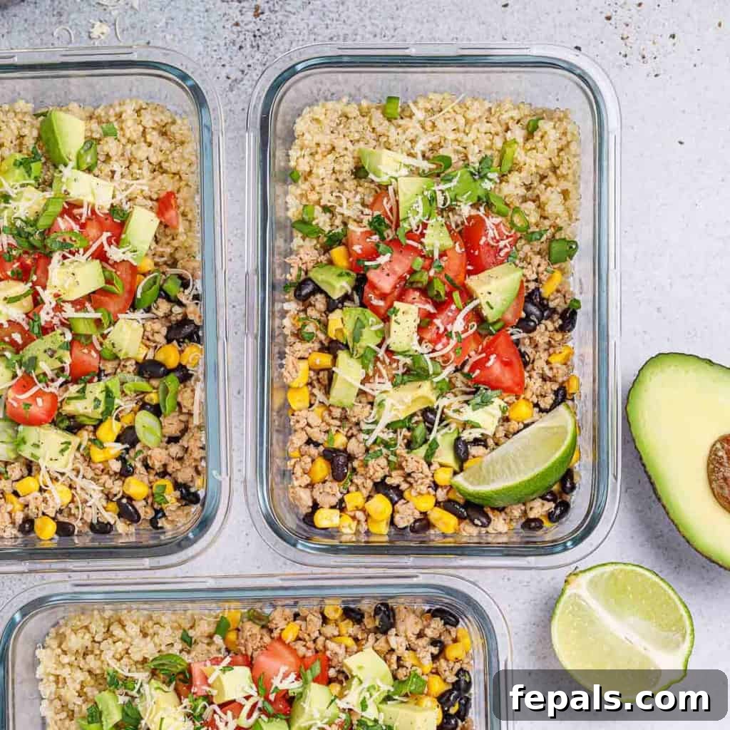 Ready-to-Eat Chicken Taco Bowls 10 top view meal prep bowl with ground chicken and quinoa with corn and beans