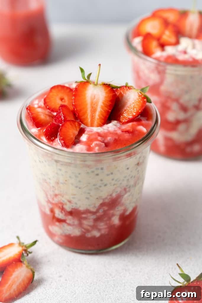 side shot of a jar of overnight oats topped with sliced strawberries 