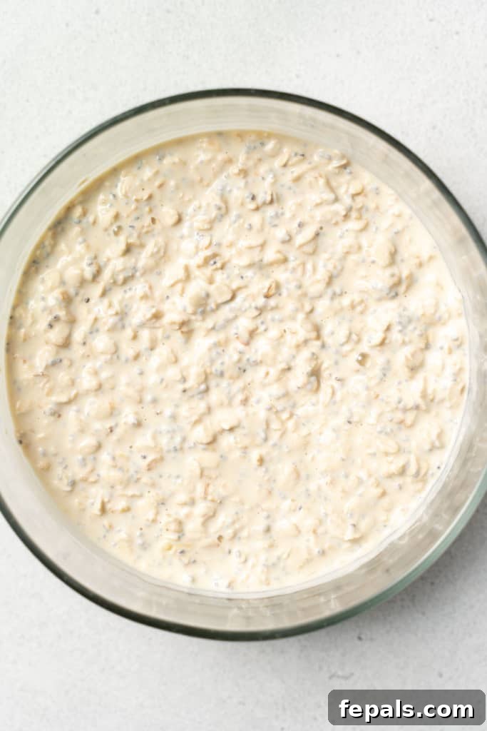 Protein overnight oats mixed together in a large bowl.