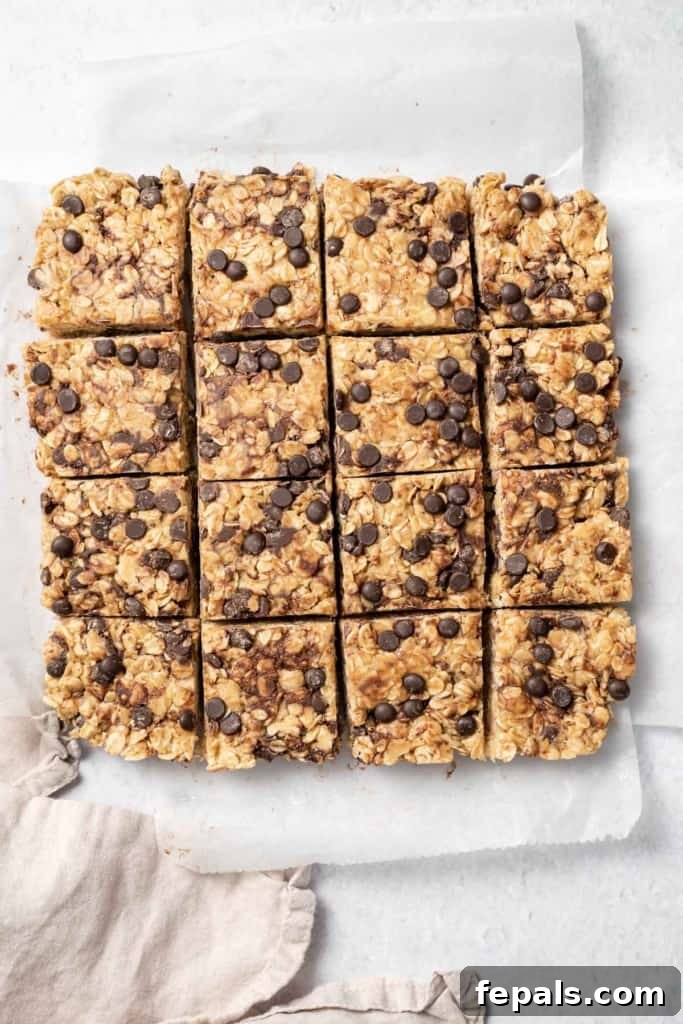 Oatmeal bars cut into 16 squares, showing the finished product.